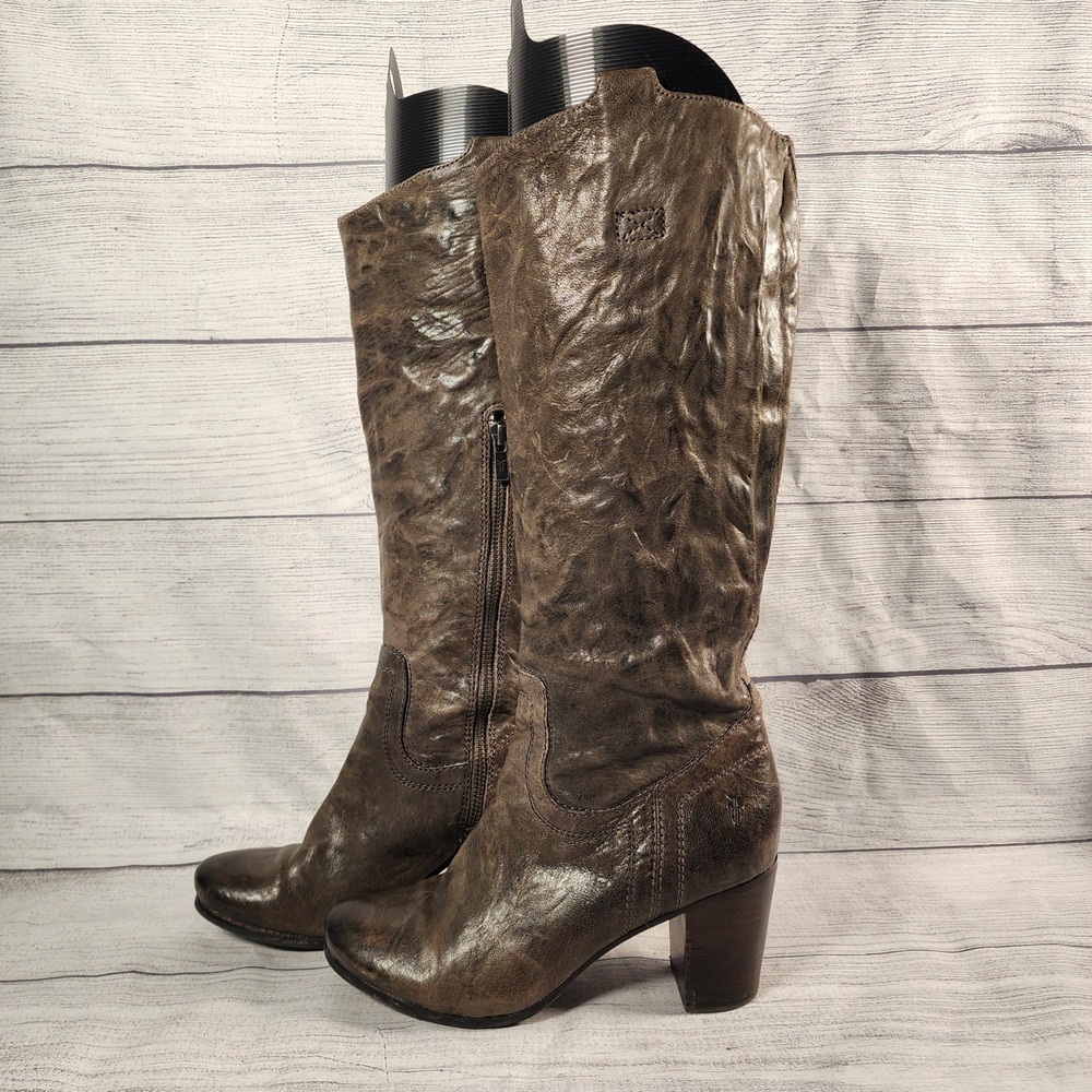Frye Carson Size 7 Shield Tall Boots Dark Brown Distressed Leather Block Heel - Picture 5 of 9